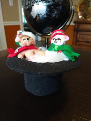 2013 Annalee Silver Sparkle Adorable Mice Dolls In Top Hat Christmas Decoration