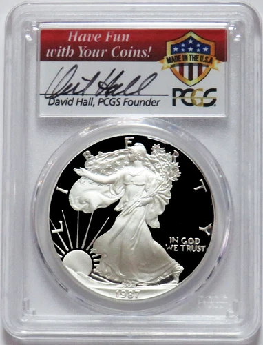 1987 S DAVID HALL SIGNED AMERICAN SILVER EAGLE $1 PROOF 1 oz PCGS PR 69 DCAM