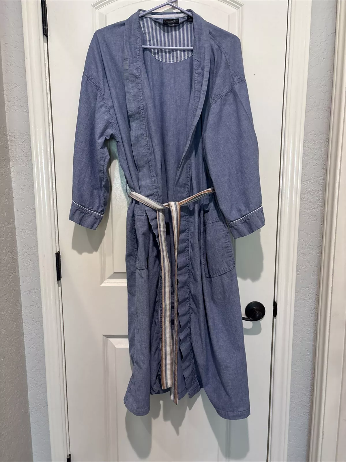 CHRISTIAN DIOR MONSIEUR peignoir de bain coton unisexe bleu chambray kimono vintage
