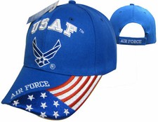 US AIR FORCE WINGS Emblem Logo USA Flag on Bill Cap Hat BLUE LICENSED 