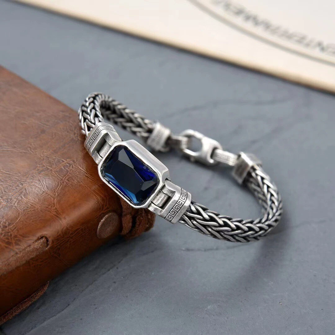 Real 925 Sterling Silver Bracelet For Men Blue Zircon Gem Wheat Link  7.87inch | eBay