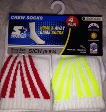 BNWT 4 Pair STARTER Home/Away Game Crew Socks White w/Red/Yellow S/CH 6-9 1/2 