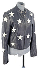 Sandro Paris Leather Jacket Star Rrp £700 Biker Crop Navy Soft Napa 1 Uk 8