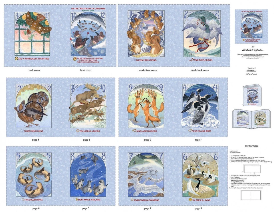 ELIZABETH'S STUDIO Elizabeths Studio ~ 12 Days of Christmas Animals ~ 100% Cotton Fabric Book Panel