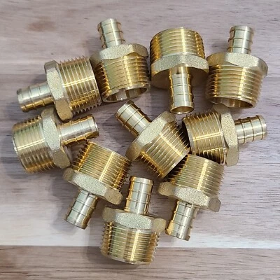 AQUA PLUMB LOT OF 10 - 1/2" PEX X 3/4" MALE NPT (MPT) THREADED ADAPTER BRASS CRIMP FITTINGS