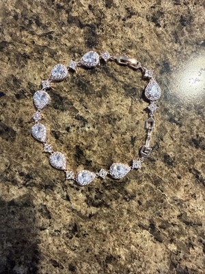Bracelet Rose Gold Tone Cubic Zirconia Pear Shaped Box Clasp Safety Chain