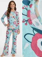 Older Girls  Ribbed Pyjamas Dunnes Cotton Floral Pink Flared Long Sleeved Pjs