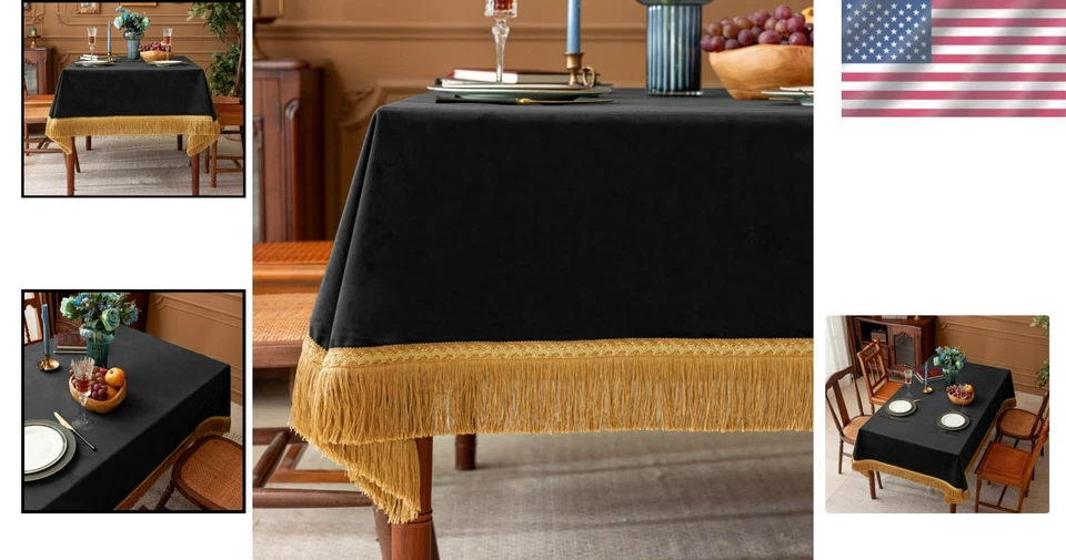 Luxe Black Table Cloth with Gold Tassels for Parties 60x102" - Image 2 of 4