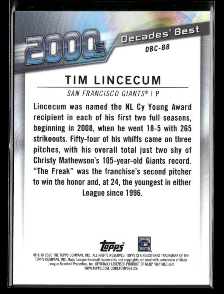 2020 Topps #DBC-88 Tim Lincecum Decades' Best Chrome (Series Two) - Image 2 of 2