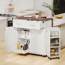 Rolling Kitchen Island with Drop Leaf Power Outlet Open Shelves for Dining Room