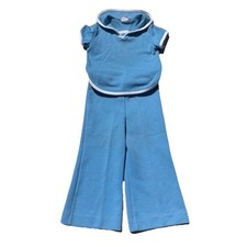 Vintage 70s Aileen Toddler Girls 3T Blue Nautical 2 Piece Bell Bottoms Set