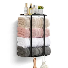 Towel Racks for Bathroom Towel Holder with Shelf & 6 Hooks,Space Saving Vertical