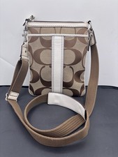 Coach 4680 Signature Swingpack Crossbody Bag Brown Khaki Jacquard White Leather