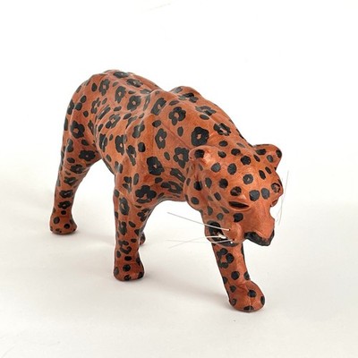 Leather Wrapped Vintage Leopard Statue-Mid Century Safari Jungle Decor 6x14 