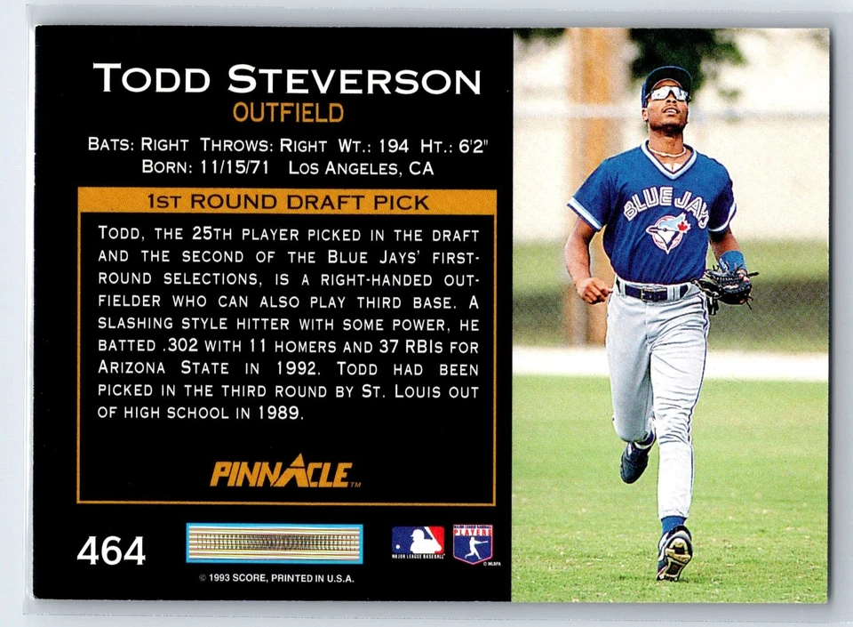 1993 Pinnacle Todd Steverson Rookie Toronto Blue Jays RC #464 - Image 2 of 2