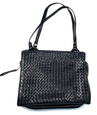 Bottega Veneta Intrecciato Black Leather Shoulder Bag-Vtg from 1970s Stored 1989