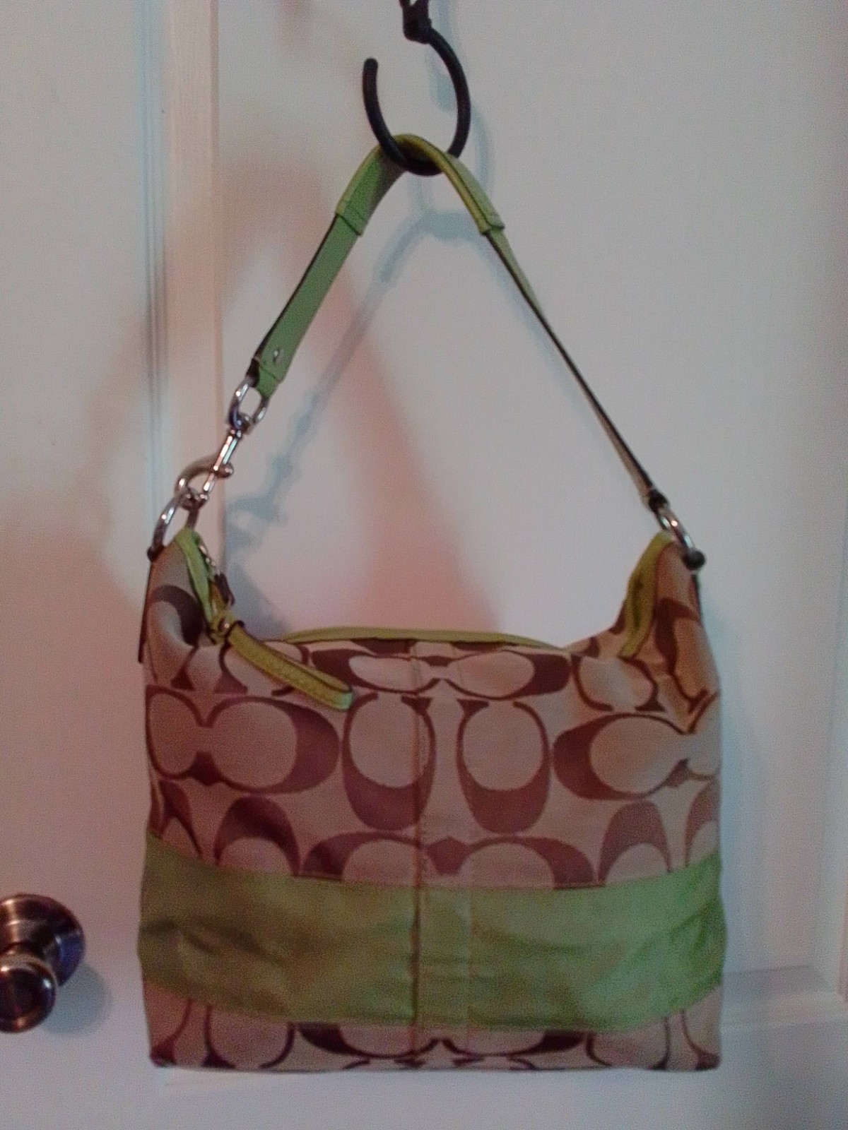 Coach Lime Green/Tan Signature C Canvas/Leather Shoulder Bag Purse