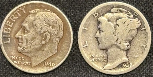 90% SILVER 2-Coin Dime Lot-1938-D Mercury (Semi-Key!) & 1st Year 1946 Roosevelt