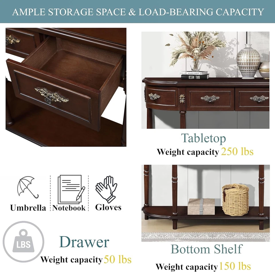 52" Retro Curved Console Table, Wood Sofa Table with Open Shelf and 2 Drawers - Image 4 of 4