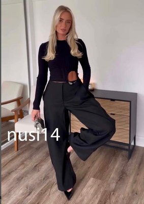 ZARA NEW WOMAN MID-RISE ZW PINSTRIPE WIDE LEG PANTS BLACK XS-XL