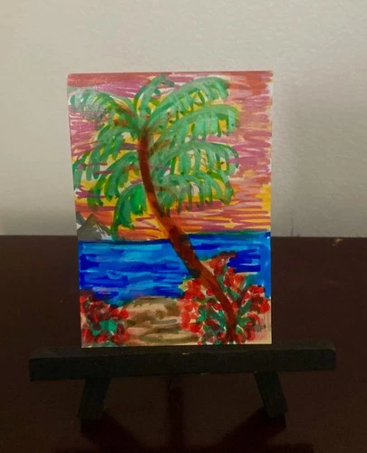 “Colorful Beach and Peace” 1 of 1 Original Hand Painted Acrylic 2.5”x3.5” ACEO