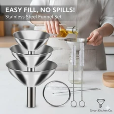 3 Stainless Steel Kitchen Funnel Set with 2 Brushes – Food Grade No-Spill Design