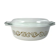 Vtg Pyrex White Gold Empire Scroll Casserole Dish Lid 1.5 Qt Baking Cookware 60s