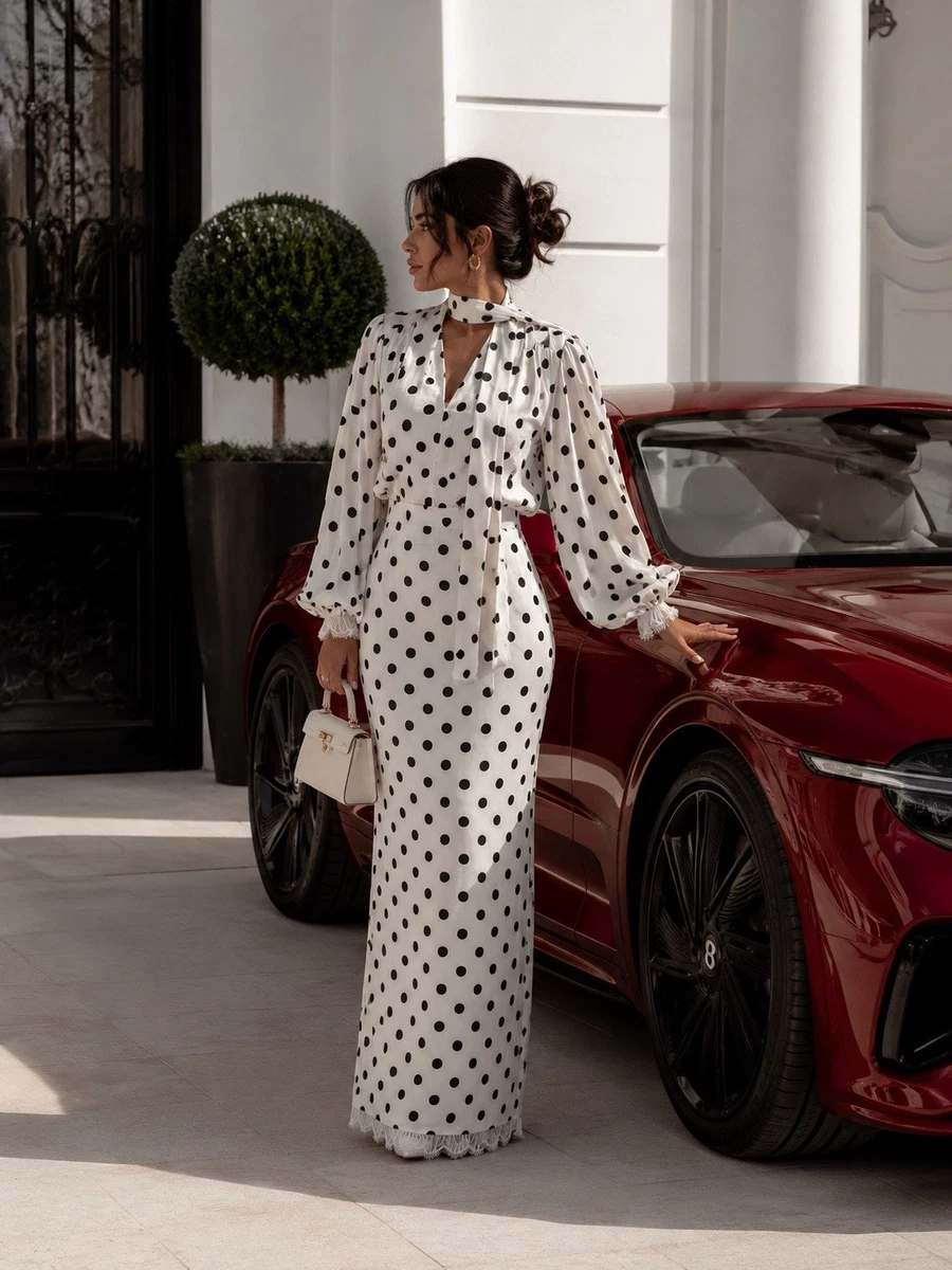 polka dot maxi dress long sleeve Pretty Lavish slinky spliced printed long sleeved maxi dress in brown polka dot