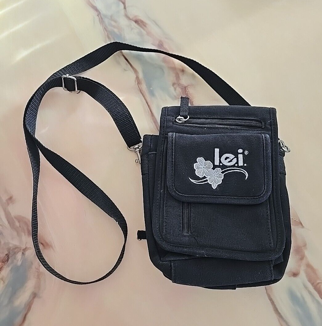 VTG Y2K LEI Black Canvas Multi Pockets Travel Mini Shoulder