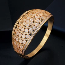 Yellow Gold Plated Cubic Zirconia Wide Lover Open Cuff Flower Bangle Engagement