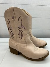 Pop Girls 5m Welcome Block Heel Cowboy Boots Pink Blush Glitter Details Hearts