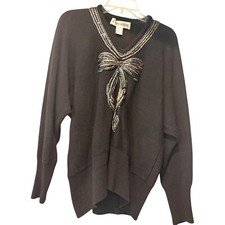 Vtg Victoria Harbour 80s Black Silver Sequined Bows Sweater Long Sleeves Medium