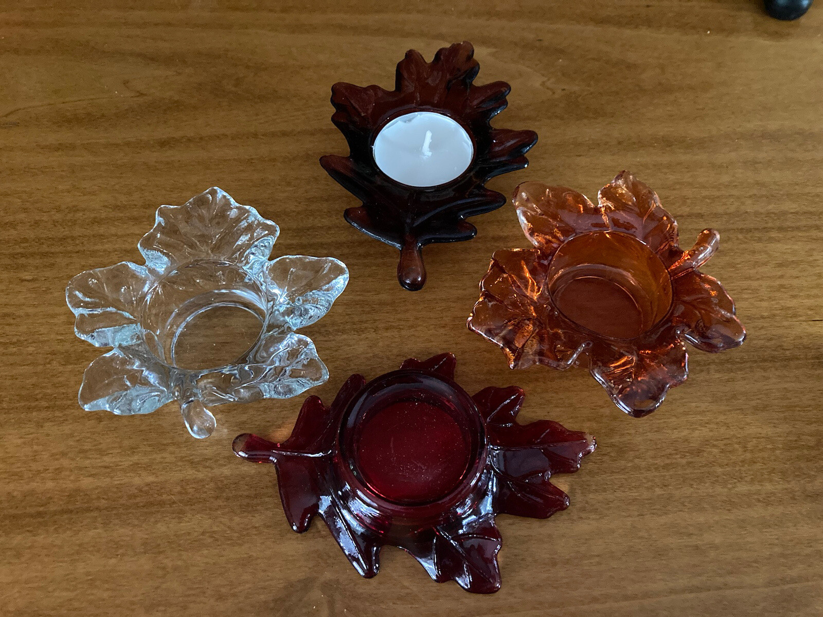 Set Of Four Colored Glass Maple & Oak Leaf Tea Light Holders