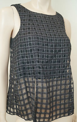 THEORY schwarz Wolle Seide Silber Metallic Faden Karo ärmelloses Top Gr: S/P neu mit Etikett