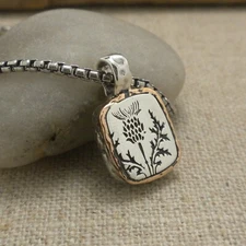 Small Sterling Silver & Bronze Scottish Thistle Pendant Keith Jack 22" Chain