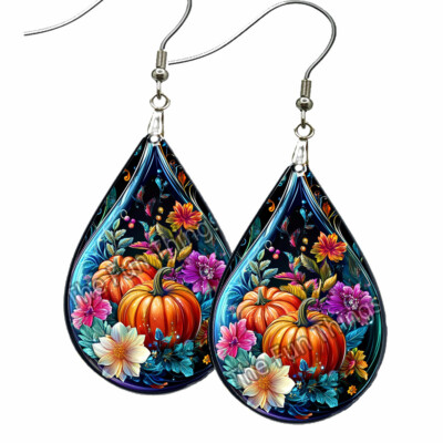 Unique Art Deco Pumpkins & Flowers Autumn Earrings NO TARNISHING Teardrop Wood