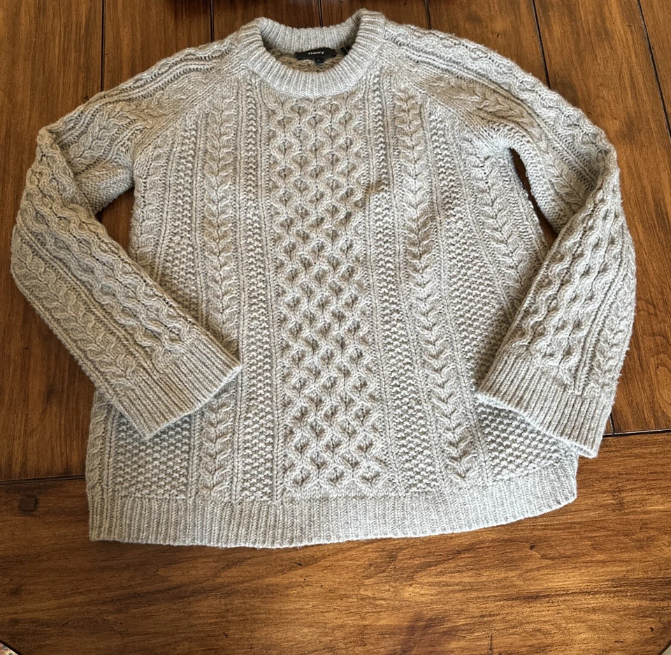 Theory Womens Wool Beige Cable Knit Crew Neck Long Sleeve Sweater  Size Petite - Image 2 of 4