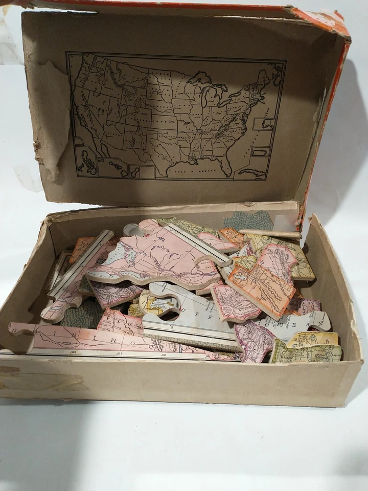 Antiguo mapa rompecabezas de madera de los hermanos Parker 1915 de Estados Unidos completo en caja Foto 2 de 4