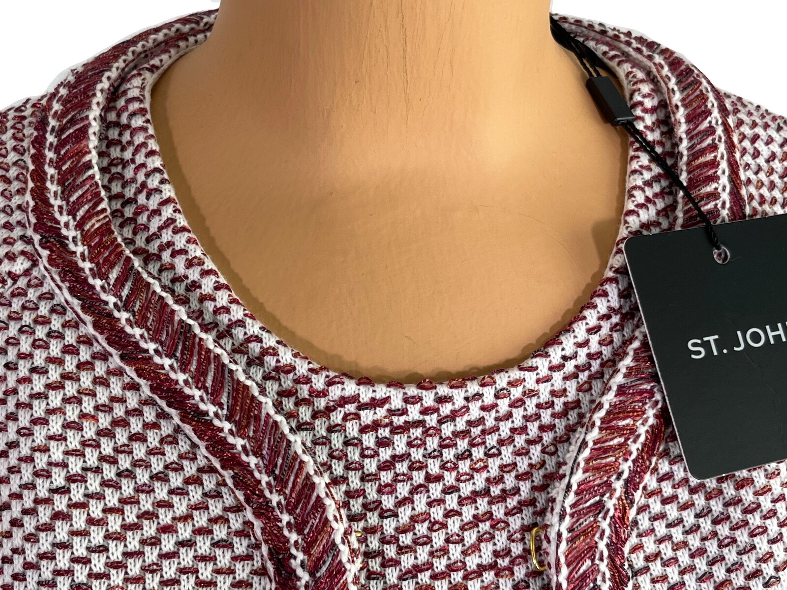 Ensemble Jupe-Veste St. John Knits – Or Rose & Blanc – Paillettes – Taille 10