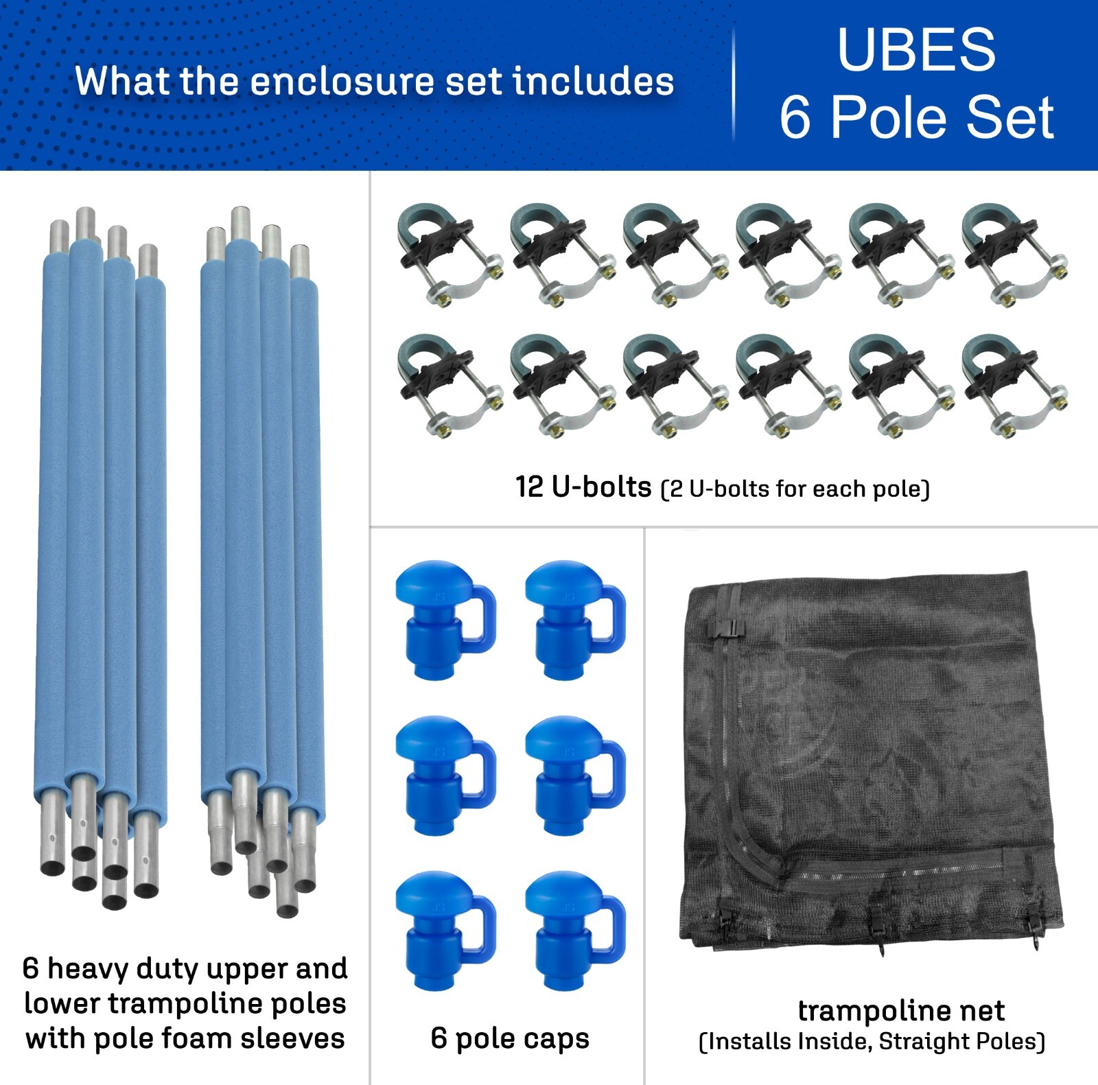 Trampoline Safety Enclosure Set: Inside Net, Straight Poles Foam Sleeves U-Bolts