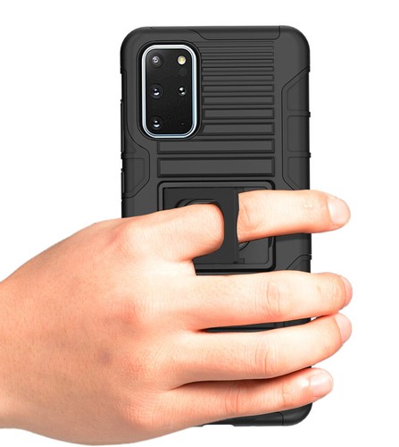 Black Rugged Grip Case with Stand Belt Clip Holster for Samsung Galaxy S20 Plus - Picture 4 of 11