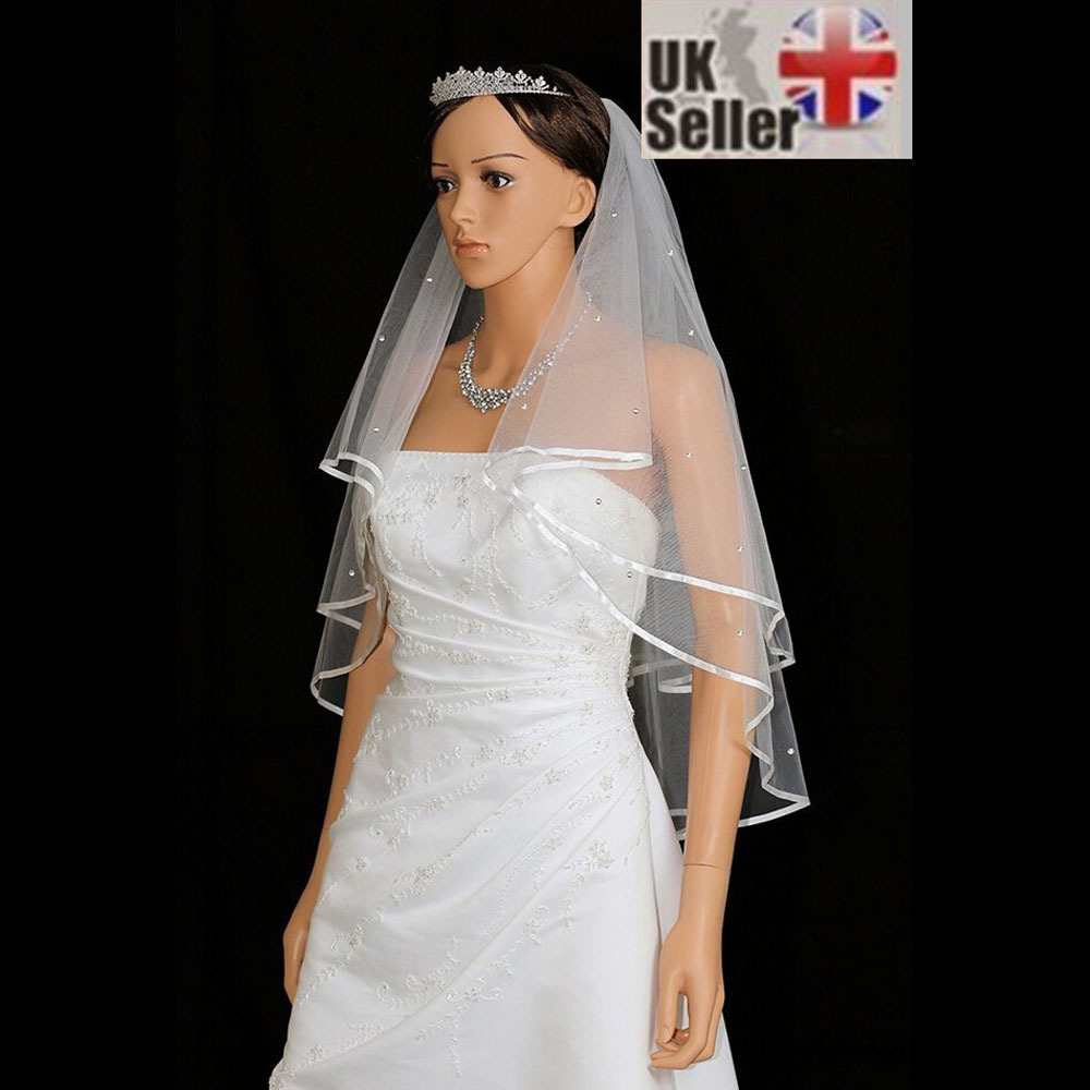 White Ivory 2t Wedding Veil with Comb, Elbow length, FANCY 