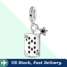 KUNSIR 925 Sterling Silver Charm For Bracelet Poker Card Ten of Spades Pendant