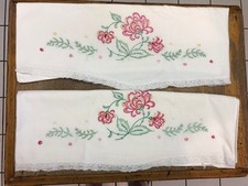 Vintage embordered Red Roses Standard Size Pillowcase PAIR