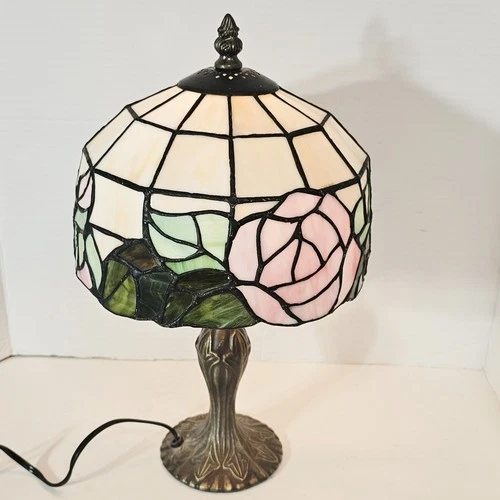 Vintage Tiffany Style Stained Glass Table Lamp Floral Pink & Green 14" Tall