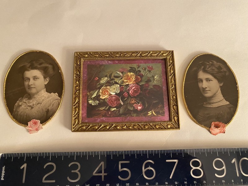 VINTAGE/Antique Miniature pictures: Ornate metal framed floral, 2 original photo