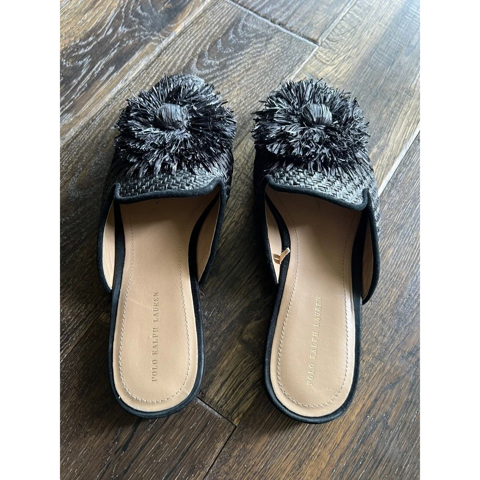 Polo Ralph Lauren Cuero Callie Sin Cordones Deslizable Mula Con Acento Rafia Zapatos 7 Foto 2 de 4