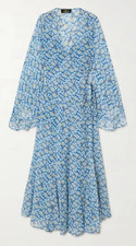 $2495 De La Vali Blue Floral Maxi Silk Wedding dress S/4 Long Sleeve