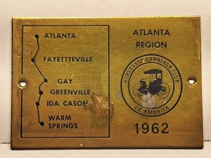 1962 Atlanta Horseless Carriage Club HCCA Tour Brass Plaque Automobilia Sign
