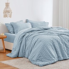 Love's cabin Seersucker Light Blue King Size Comforter Set 7 Pieces, All Seas...